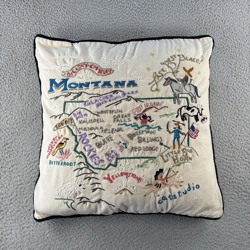 Catstudio Montana State Map Pillow 19x19 Hand Embroidered 2003 Vintage